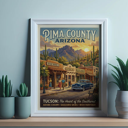 Vintage poster for Pima County Arizona with desert landscape and vintage shops.