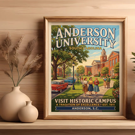 Poster for Anderson University, South Carolina, showing historic campus buildings and students.