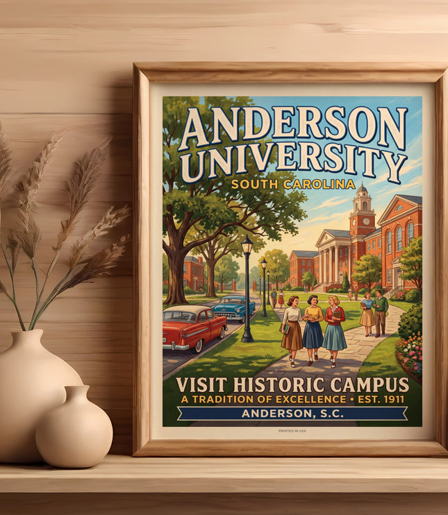 Poster for Anderson University, South Carolina, showing historic campus buildings and students.