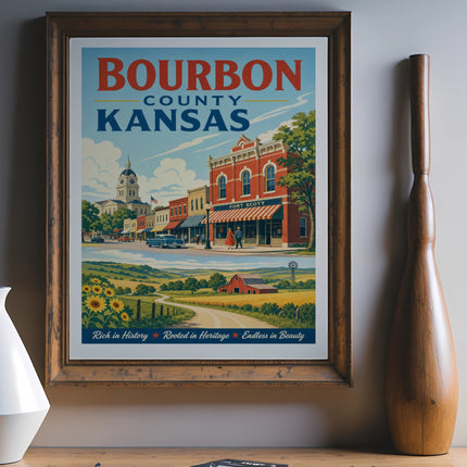 Bourbon County Kansas vintage poster with town scene and text.