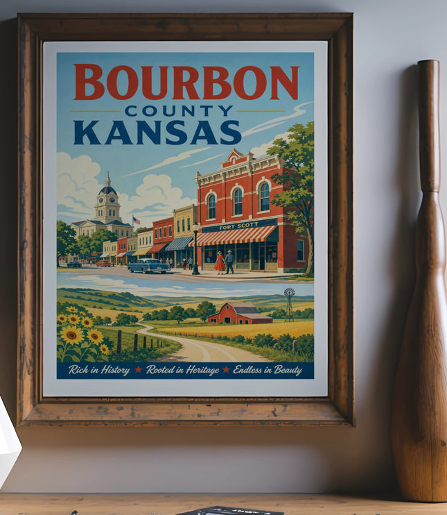 Bourbon County Kansas vintage poster with town scene and text.