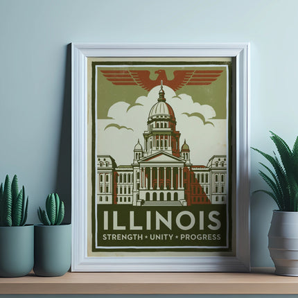 Framed Illinois state capitol building poster with "ILLINOIS STRENGTH UNITY PROGRESS" text.
