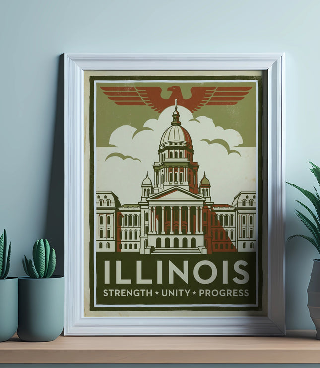 Framed Illinois state capitol building poster with "ILLINOIS STRENGTH UNITY PROGRESS" text.