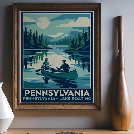 Pennsylvania lake boating poster with two people in a canoe.