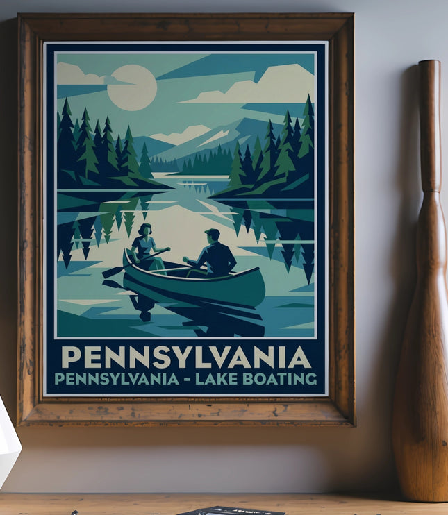 Pennsylvania lake boating poster with two people in a canoe.