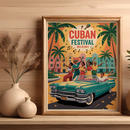 Cuban Festival Miami poster with people dancing and a vintage car.
