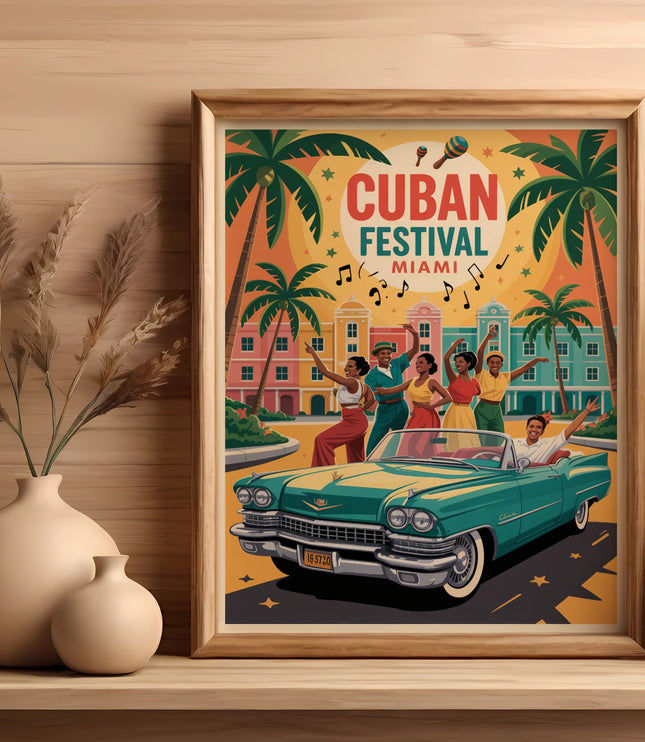 Cuban Festival Miami poster with people dancing and a vintage car.