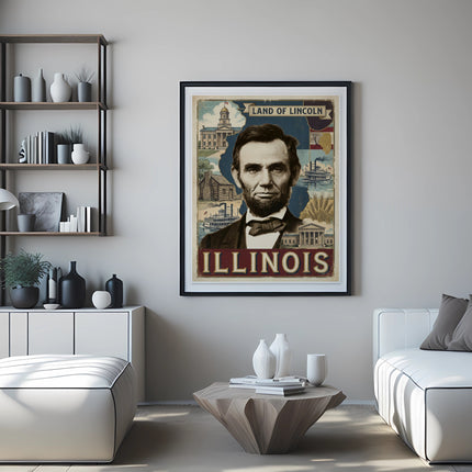 Abraham Lincoln portrait and Illinois landmarks on a framed poster.