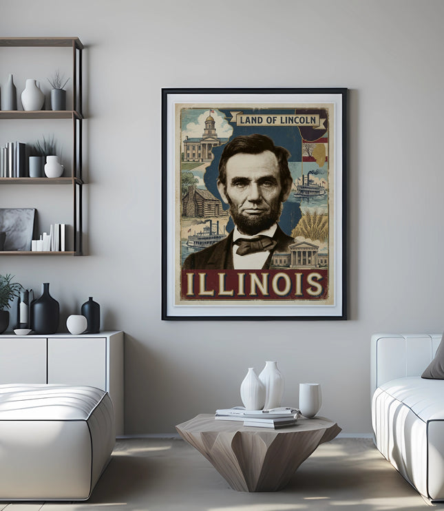 Abraham Lincoln portrait and Illinois landmarks on a framed poster.