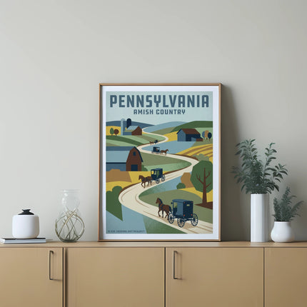 Amish country scene with horse-drawn carriages and rolling hills, Pennsylvania.