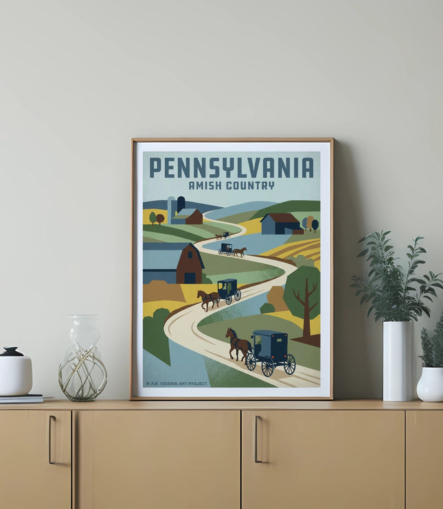 Amish country scene with horse-drawn carriages and rolling hills, Pennsylvania.