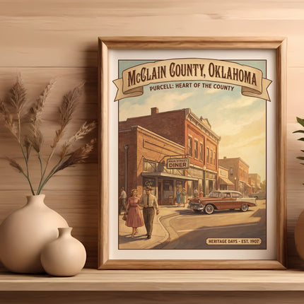 Framed print of McClain County, Oklahoma with a diner, vintage car, and people.