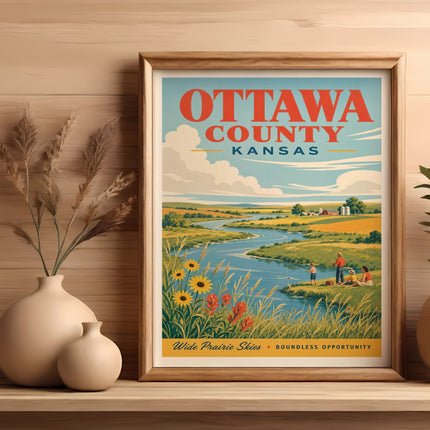 Vintage Ottawa County Kansas travel poster featuring a river, fields, and a family fishing.