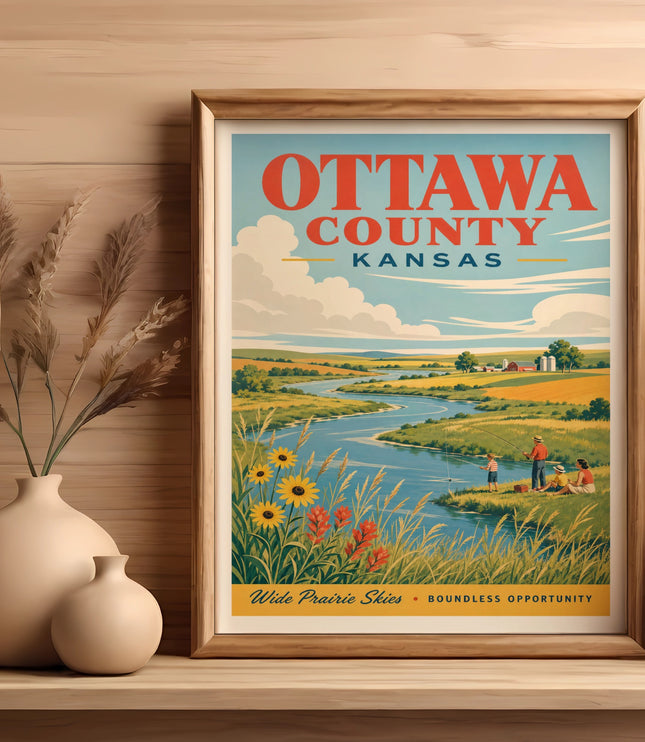 Vintage Ottawa County Kansas travel poster featuring a river, fields, and a family fishing.