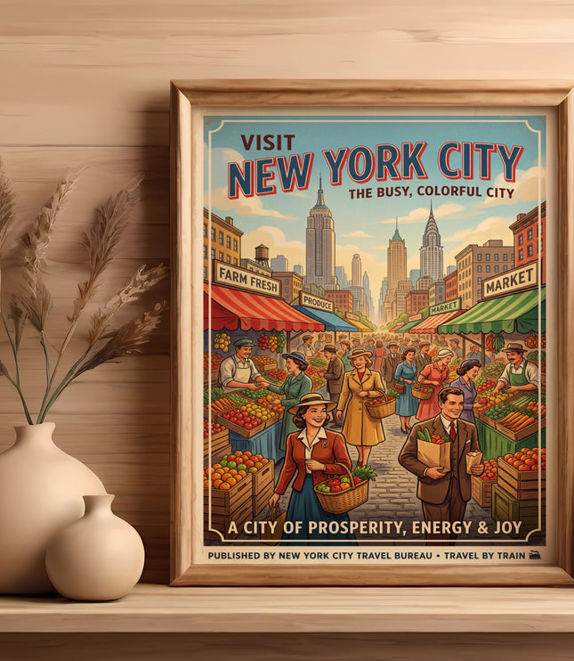 Vintage New York City travel poster showing a busy street market.