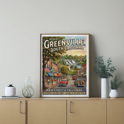 Vintage "Visit Greenville, South Carolina" travel poster depicting Main Street and Falls Park.