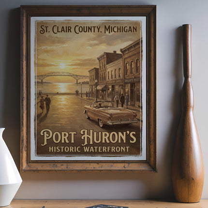 Vintage poster of Port Huron's Historic Waterfront in St. Clair County, Michigan.