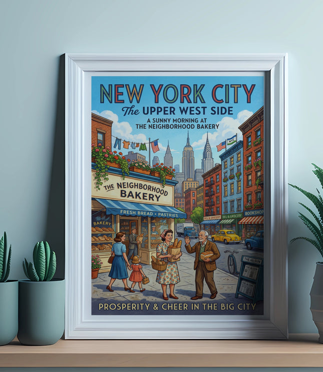 New York City Upper West Side vintage poster of bakery and city street.