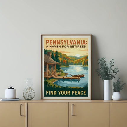 Pennsylvania: A Haven for Retirees poster featuring a lake and cabin scene.