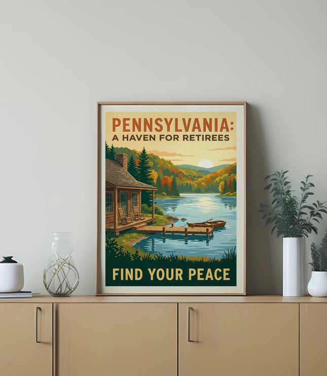 Pennsylvania: A Haven for Retirees poster featuring a lake and cabin scene.