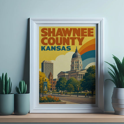 Framed poster of Shawnee County, Kansas, with dome building and text.