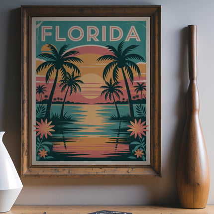 Vintage Florida travel poster with palm trees, sunset, and calm water.