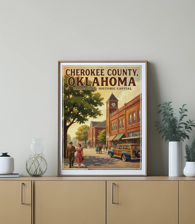 Poster showing "Cherokee County, Oklahoma. Tahlequah - Historic Capital" with vintage style scene.