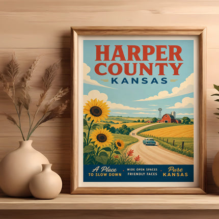 Harper County Kansas vintage travel poster with sunflowers, farm, and rolling hills.