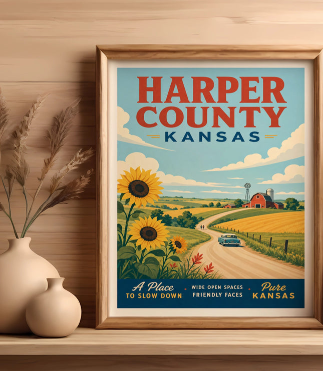 Harper County Kansas vintage travel poster with sunflowers, farm, and rolling hills.