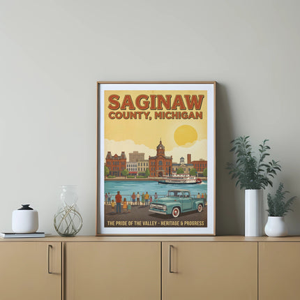 Saginaw County, Michigan vintage travel poster with riverfront cityscape.