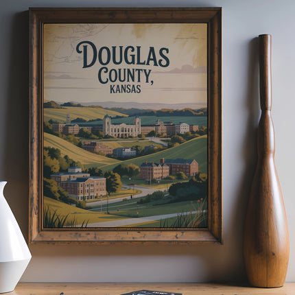 Vintage poster of Douglas County, Kansas, featuring a scenic landscape with buildings.