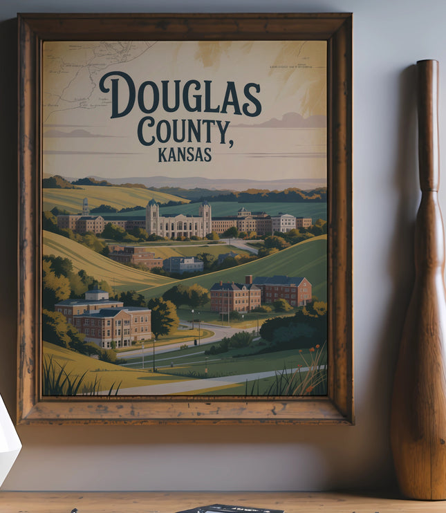 Vintage poster of Douglas County, Kansas, featuring a scenic landscape with buildings.