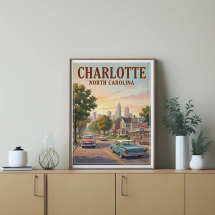Charlotte North Carolina retro travel poster featuring city skyline and Dixie Diner.