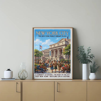 New York City Public Library Plaza poster with people reading and enjoying the bustling city.