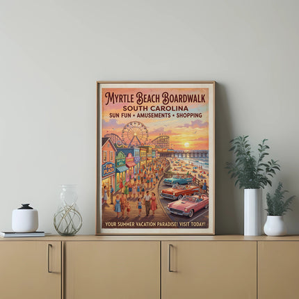 Myrtle Beach Boardwalk South Carolina poster with sun, fun, amusements, shopping, and a beach scene.