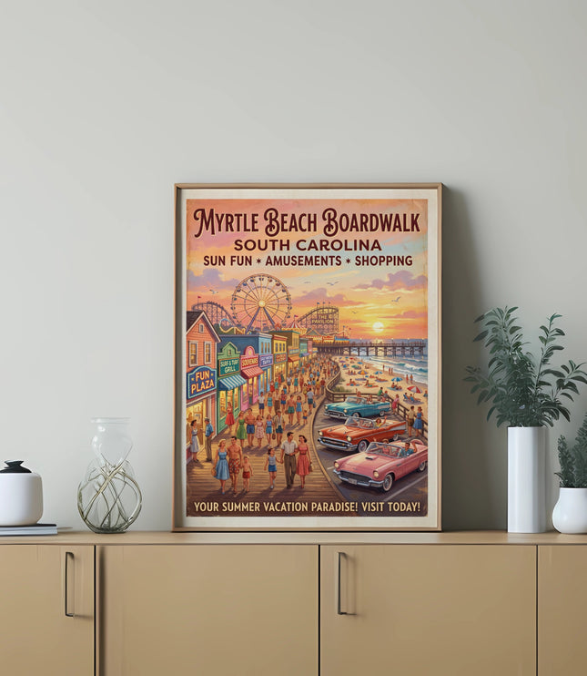 Myrtle Beach Boardwalk South Carolina poster with sun, fun, amusements, shopping, and a beach scene.