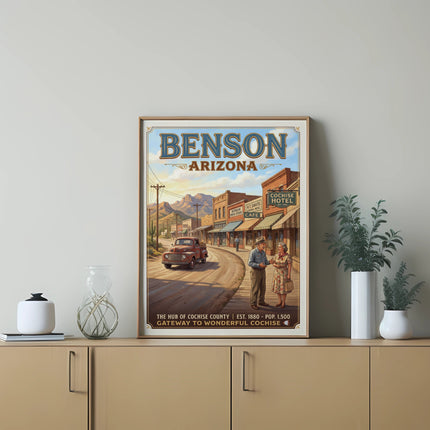 Vintage Benson Arizona poster showing a street scene with a red truck and text.