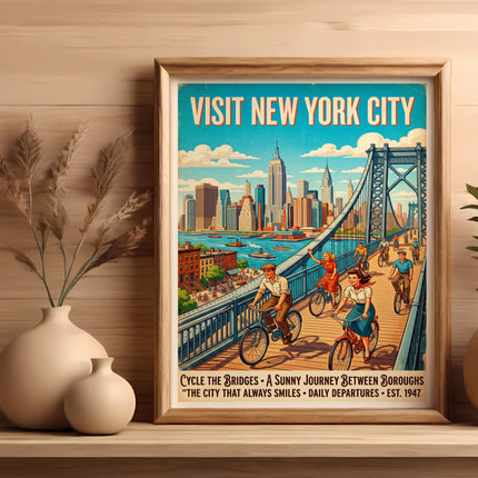 Vintage "Visit New York City" poster with people cycling across a bridge.