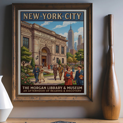 New York City poster featuring The Morgan Library & Museum with people reading.