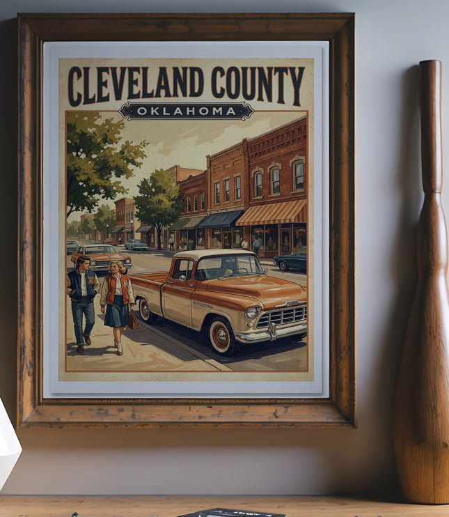 Framed art print: Cleveland County Oklahoma, vintage truck, couple walking on street.