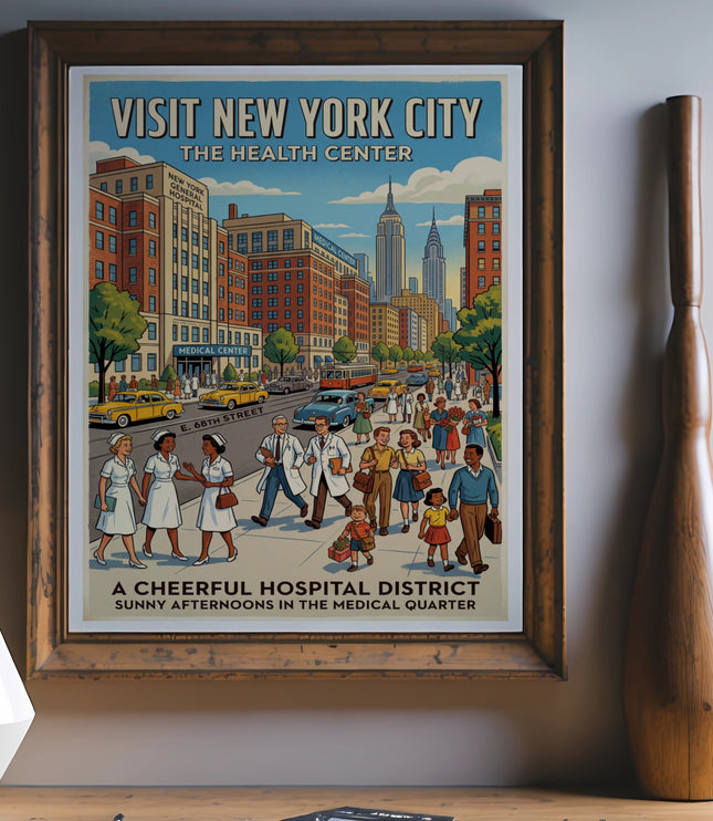 Vintage "Visit New York City The Health Center" poster with a street scene.