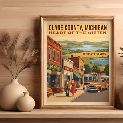 Clare County, Michigan "Heart of the Mitten" vintage travel poster.
