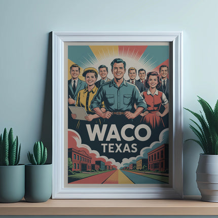 Framed poster for Waco, Texas with diverse people and colorful cityscape.