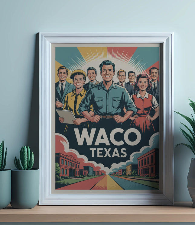 Framed poster for Waco, Texas with diverse people and colorful cityscape.