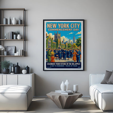 New York City Commencement Day poster with graduation caps and text about celebrating.