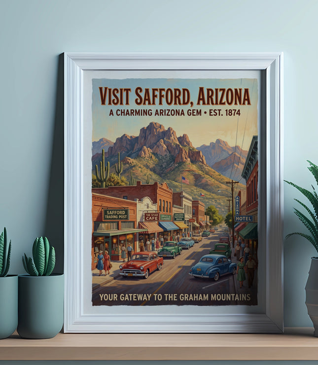"Visit Safford, Arizona" travel poster with vintage street scene and mountains.