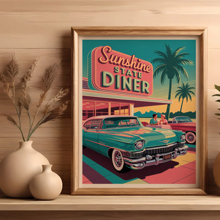 Vintage turquoise car parked outside Sunshine State Diner with palm trees.