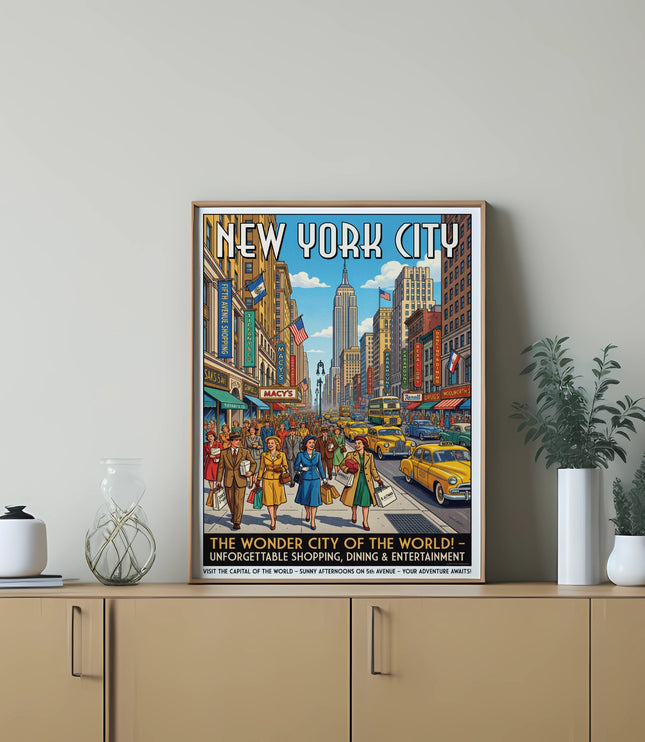 New York City vintage travel poster of Fifth Avenue with shoppers, taxis, and Empire State Building.
