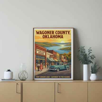 Wagoner County, Oklahoma vintage travel poster with a street scene, lake, and mountains.