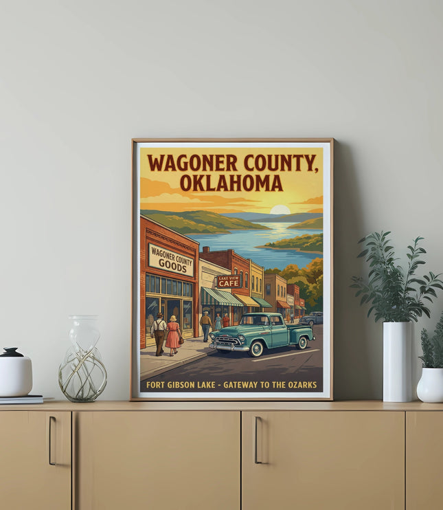 Wagoner County, Oklahoma vintage travel poster with a street scene, lake, and mountains.
